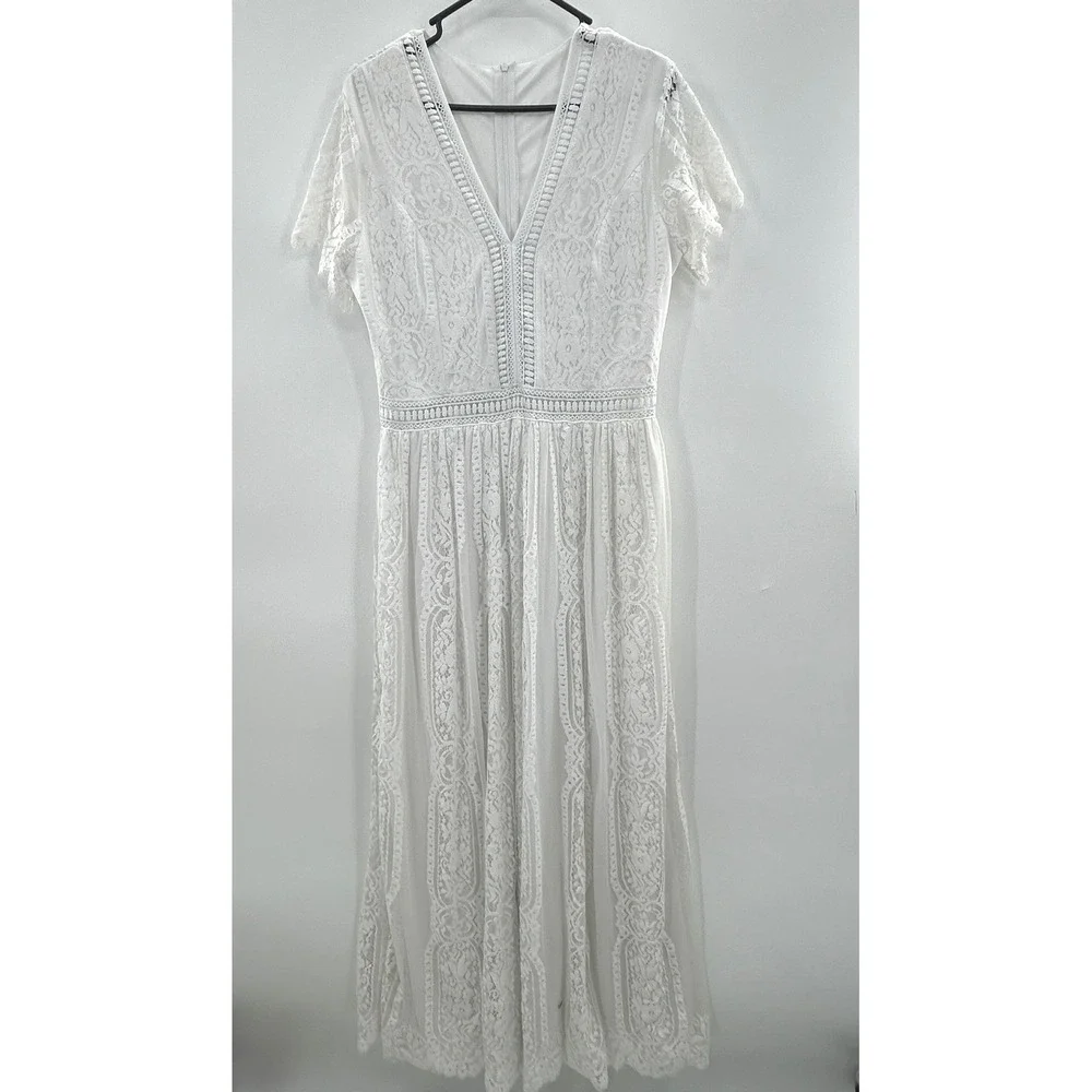 White Lace Boho Maxi Dress Cottagecore Romantic Bridal Style Long Dress Medium - Picture 2 of 9